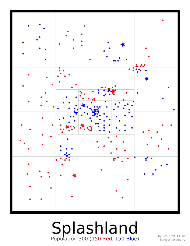 Map of Splashland with blue and red dots and stars and a grid